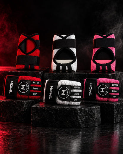 HOWL Quick Wraps in white, red and pink displayed on black stone