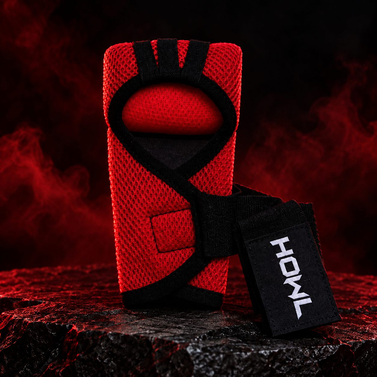 Red HOWL Quick Wraps close up showing breathable mesh and wrist strap