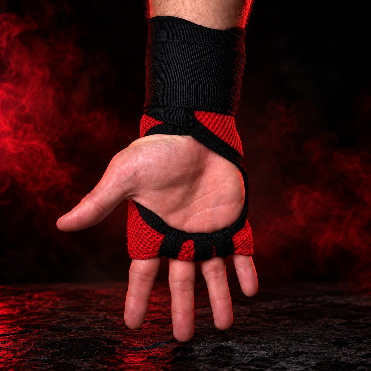 Red HOWL Quick Wraps worn on hand, palm view