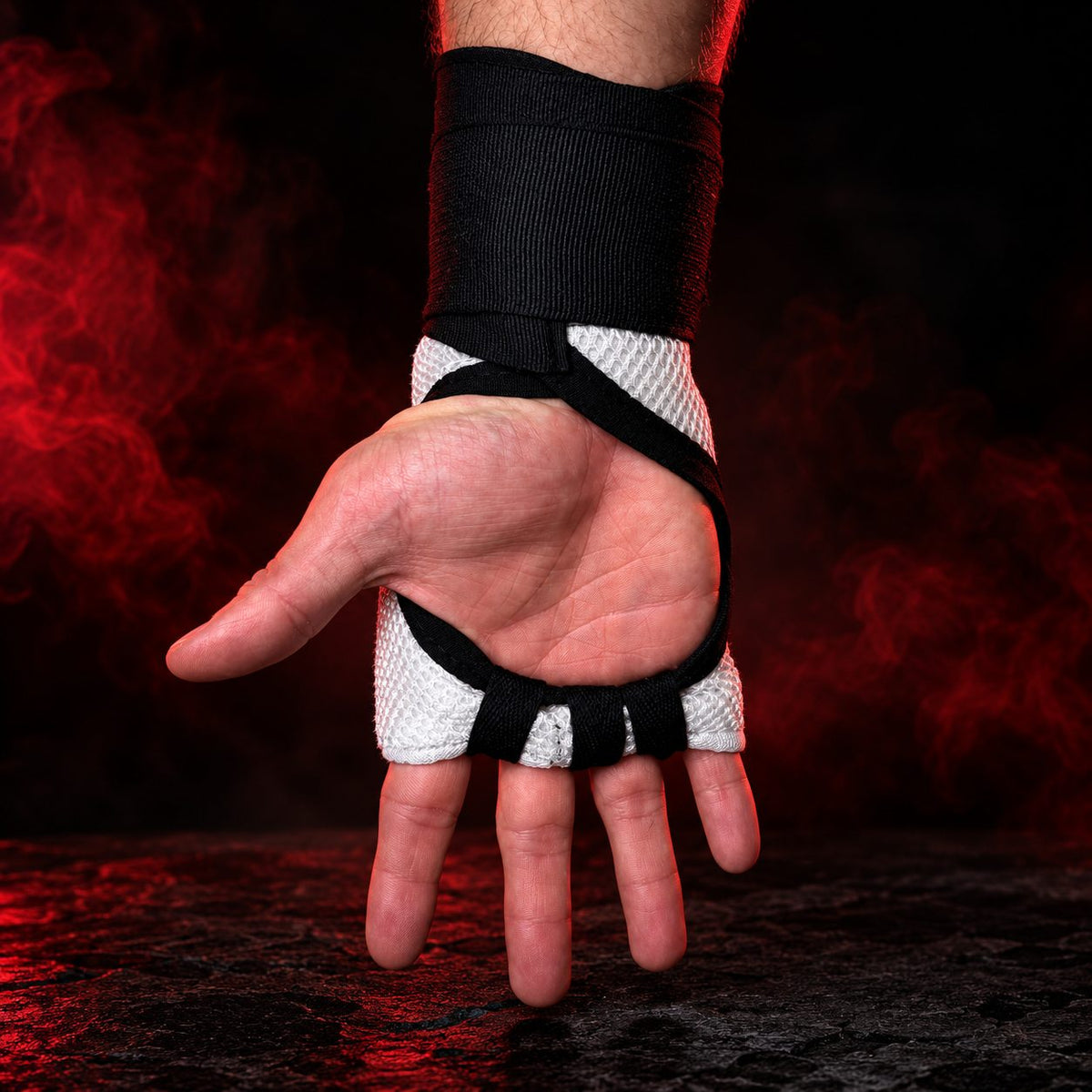 White HOWL Quick Wraps worn on hand, palm view